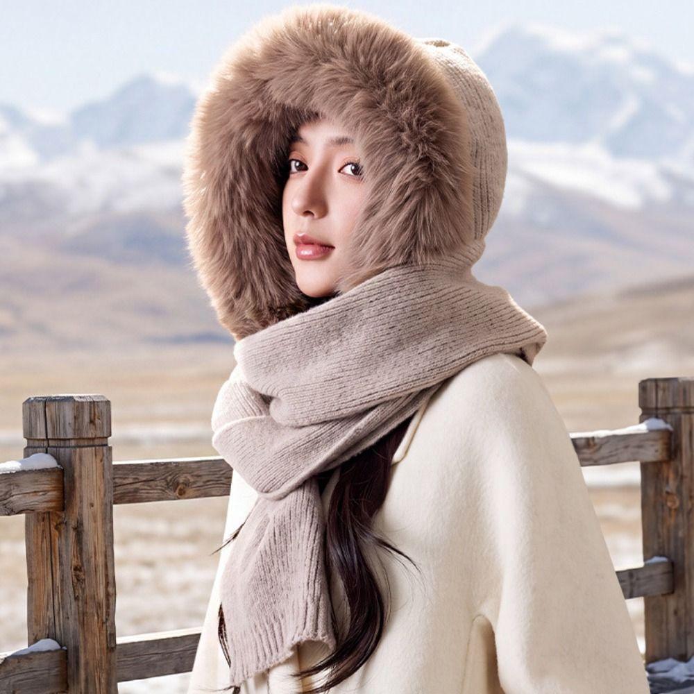 Wool Blend Knitted Hooded Scarf Plush Hooded Cap Cute Earflap Hat Outdoor