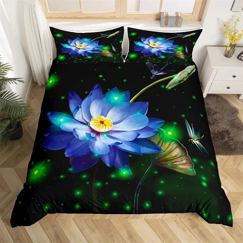Dragonfly Duvet Cover King Butterfly Flower Leaves Bedding Set Microfiber Nature Animals Plants Quilt Cover For Teens Girls Room