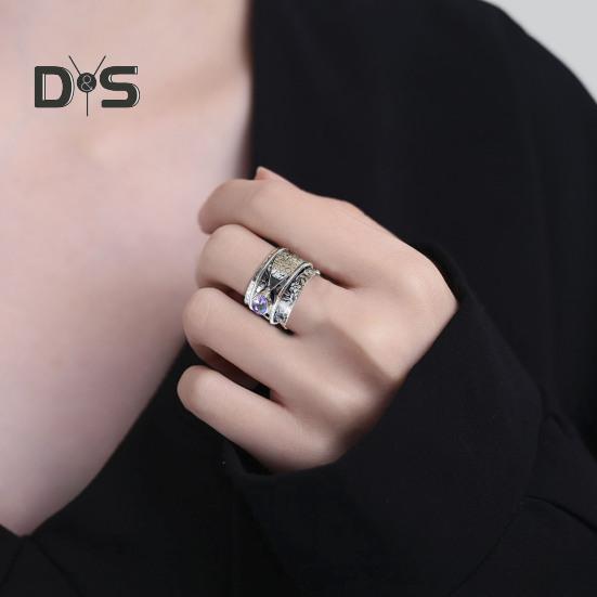 Кольцо для медитации с богемным аметистом, винтажное цветочное вращающееся широкое кольцо с аметистовым камнем, вращающееся кольцо для снятия беспокойства