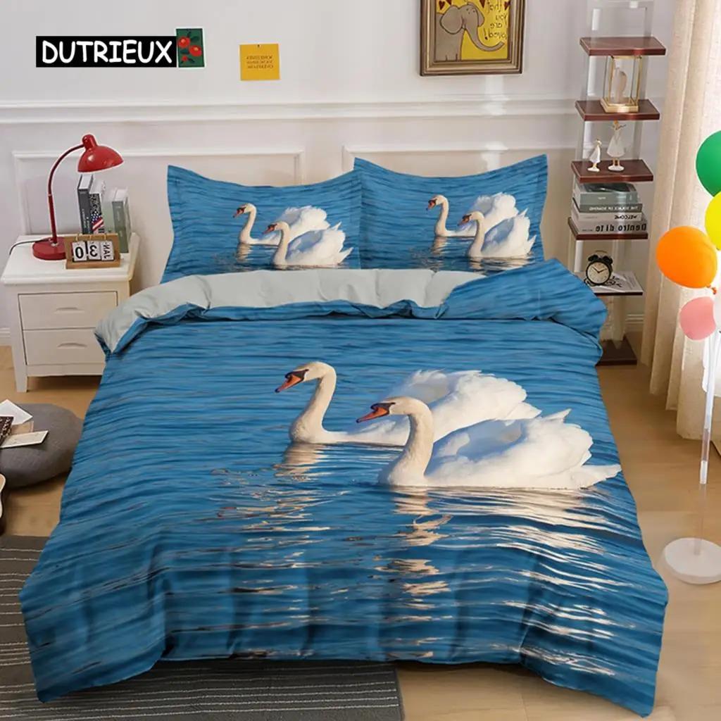 Swan Duvet Cover King Queen Beautiful Elegant White Animal Bedding Set Kid Teens Adults Wildlife Lake Soft Polyester Quilt Cover