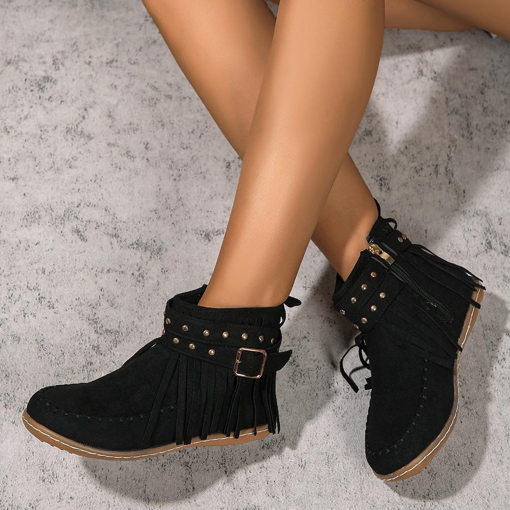 Осенние ботильоны на плоской подошве, женские замшевые ботинки с кисточками в стиле ретро, модные короткие ботинки с круглым носком и мягкой подошвой, повседневная женская обувь