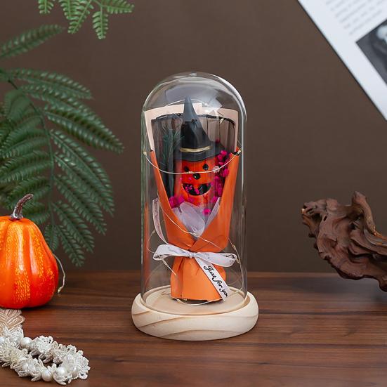 LED Clear Dome Pumpkin Night Light Halloween Pumpkin Figurine In Cloche with LED Light for Home Kitchen Mantel Tabletop Decor