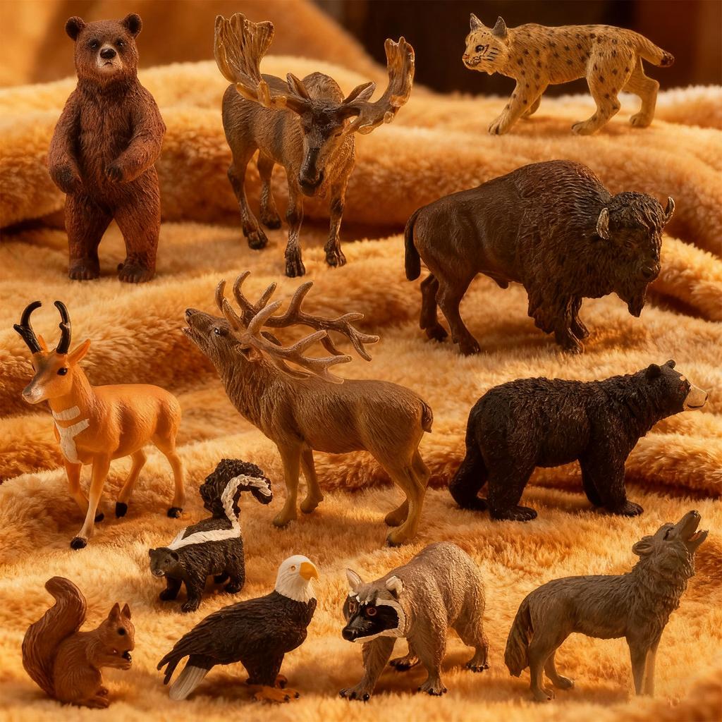 12 Pieces North American Animal Figurine Toys, Realistic Jungle Figurines, Wolf, Bear,Skunk Bobcat And More Cake Decorations, Birthday Gifts
