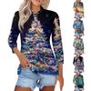 Women's Fashion Casual Lapel Short 3/4 Sleeve Christmas Print Shirt Women's Button Up Tops