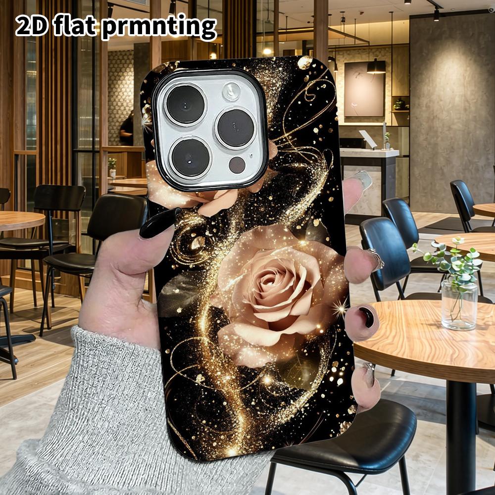 Phone Case: 2D flat design suitable for iPhone 18 17 16 15 14 13 Pro film protective case, couple style, black gold rose, Christmas and Halloween gift
