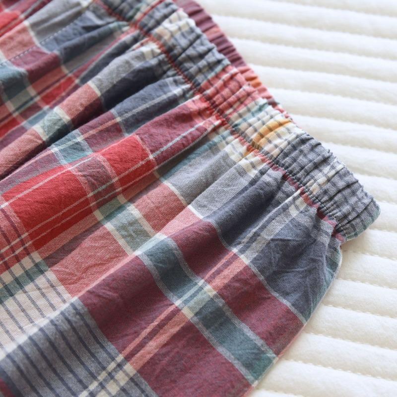 Весна / Осень Простая Пижама из стираного хлопка, женские брюки с длинными рукавами, домашняя одежда, свободный повседневный комплект из 2 предметов в клетку с лацканами