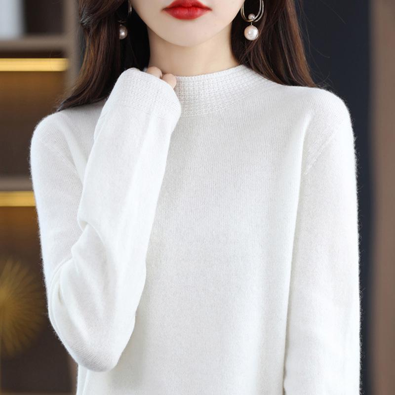 Women's Cashmere Sweater - Autumn/Winter, Solid Color, Loose Pullover, Half-High Collar, Korean Style, Long Sleeve Knit Wool Base Layer.