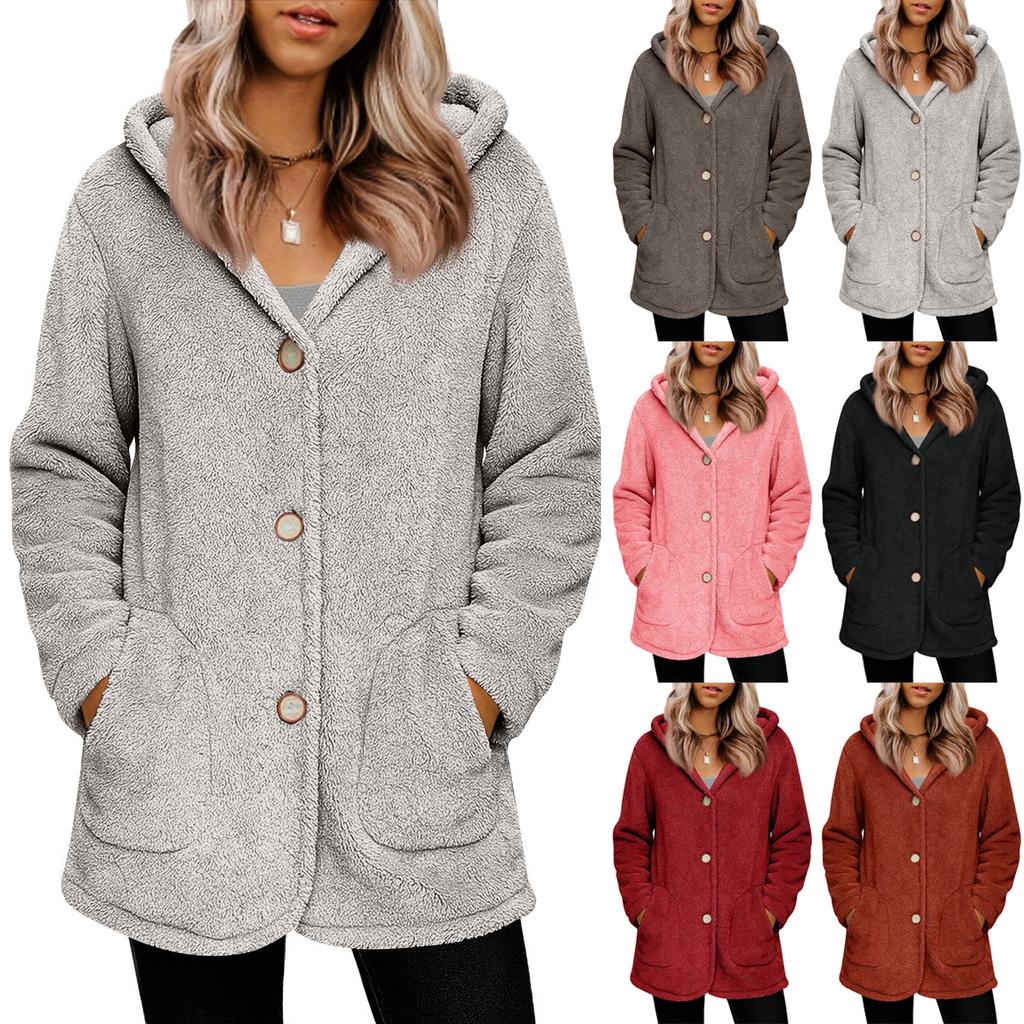 Women's Fashionable Solid Color Long Sleeved Pocket Loose Hooded Button Plush Jacket