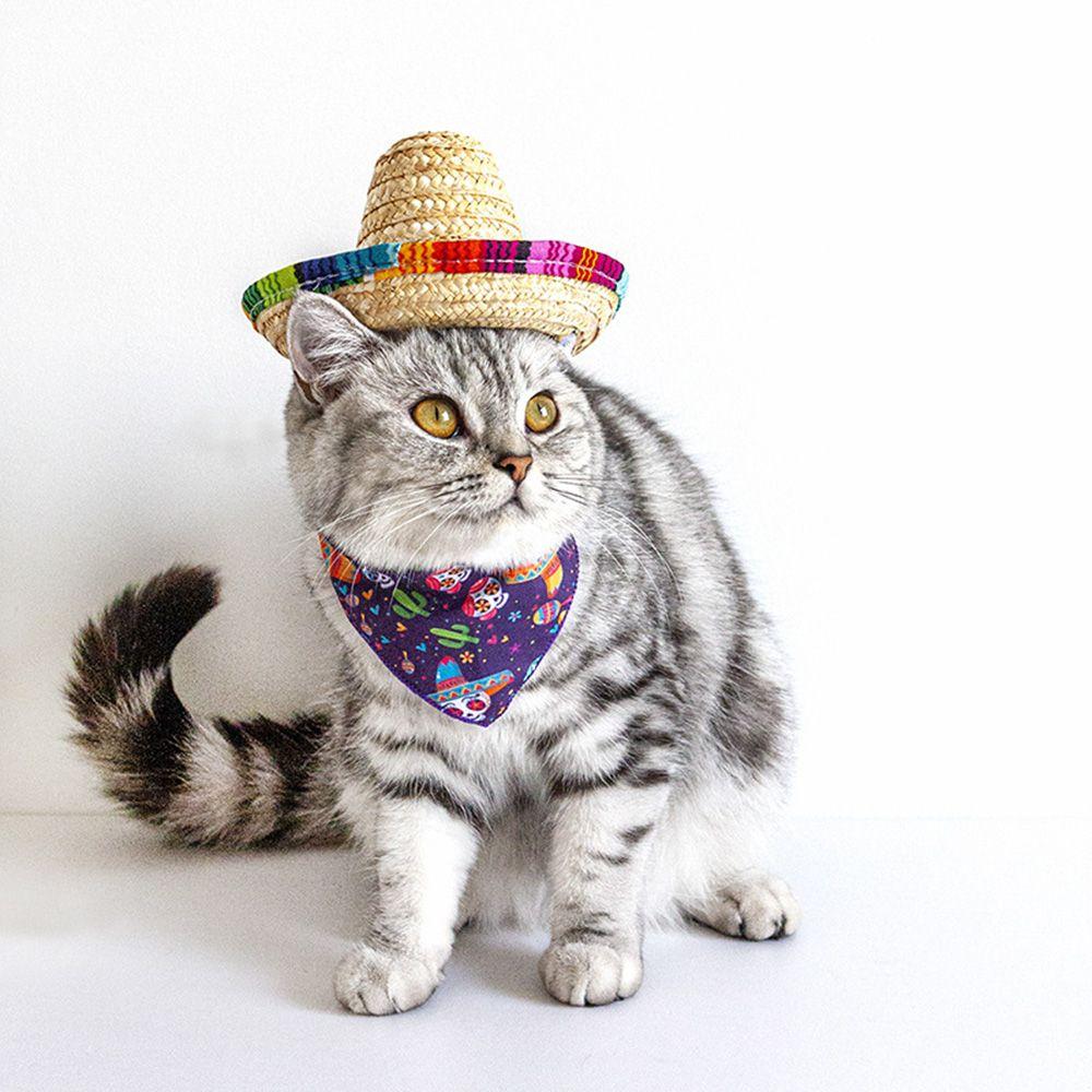 Puppy Cat Straw Woven Sun Hat Cap Mexican Sombrero Cute Adjustable Dogs Costume Pet Supplies