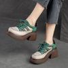 Retro Genuine Leather Thick Sole Lace-up Sandals Women Round Toe Hollowed Out Thick Heeled Shoes