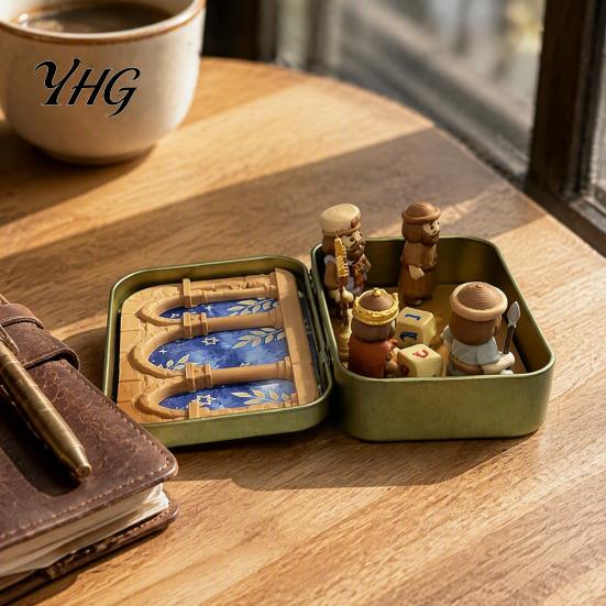 Religious Home Decoration Hanukkah Miniature Diorama Scene Box, 3D Printed Pocket Figurine Set with Retro Iron Box Display Storage Case, Menorah Micro