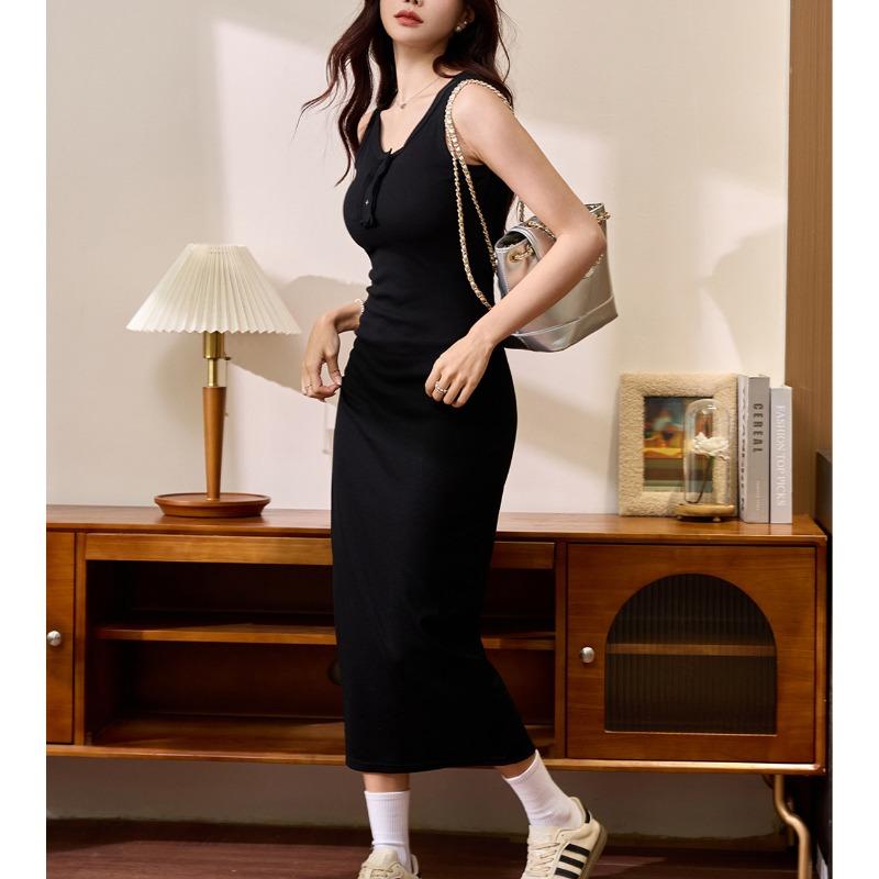 Advanced Sense of Высококачественное платье-жилет из толстой хлопковой нити, женское летнее облегающее платье с разрезом и тонкими подтяжками, длинное платье