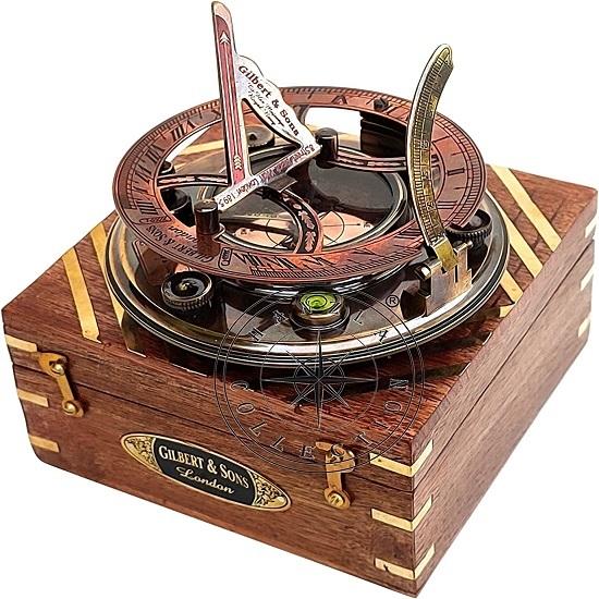 5 Inch Steampunk Gilbert Sundial Compass – Top Grade Handcrafted Brass Sundial In Wood Box with Equation Chart