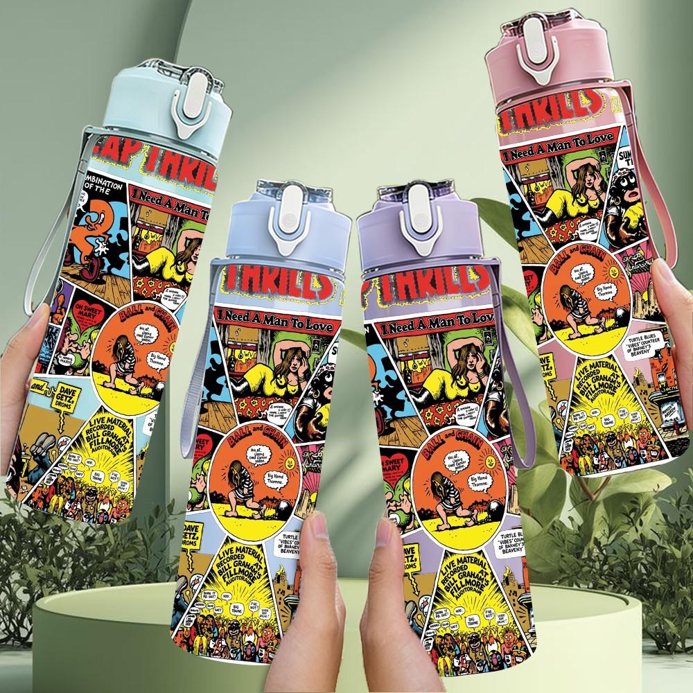 1PC Colorful Collage 750ml sports water bottle leakproof straw lid outdoor office home