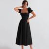Women Dress Square Neck Tiered Ruffles Short Sleeves Solid Color Tight High Waist A-line Pleated Lace-up Strap Slim Fit Bacless Lady Midi Dress