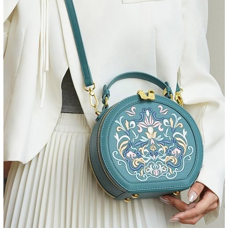 Круглая сумка через плечо с винтажной вышивкой, сумка на молнии, классическая трендовая нишевая сумка-саквояж