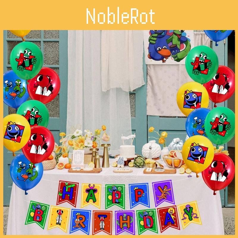 Набор праздничных принадлежностей «Все в одном» включает 26 предметов в тематике Rainbow Friends, в том числе флажки, большие и маленькие топперы для торта и разноцветные воздушные шары.