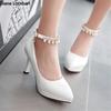 Мода Женщины Острый Носок Каблуки Женские Расшитые Ремешок на Щиколотке Туфли на Высоком Каблуке Платформа Подошва Лодочки Женские Белое Платье Свадебные Туфли Размер 33-43
