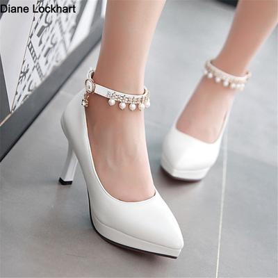 Мода Женщины Острый Носок Каблуки Женские Расшитые Ремешок на Щиколотке Туфли на Высоком Каблуке Платформа Подошва Лодочки Женские Белое Платье Свадебные Туфли Размер 33-43