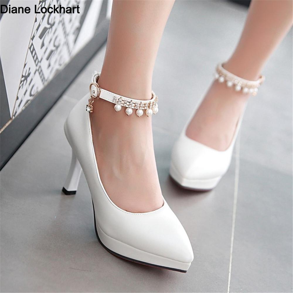 Мода Женщины Острый Носок Каблуки Женские Расшитые Ремешок на Щиколотке Туфли на Высоком Каблуке Платформа Подошва Лодочки Женские Белое Платье Свадебные Туфли Размер 33-43