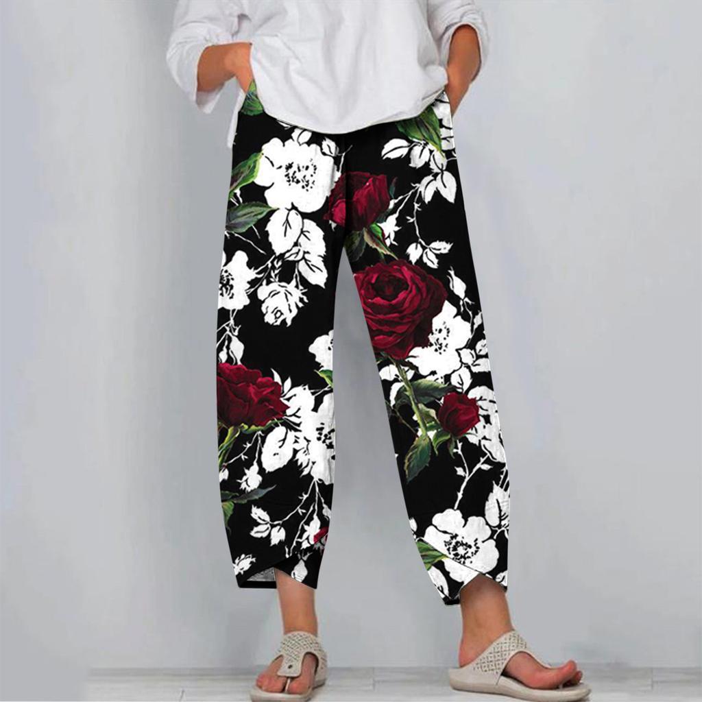 Женская мода Летние повседневные свободные карманные прямые брюки с принтом Брюки