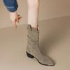 Модные женские ботинки в западном стиле, с металлическим носком, в стиле ретро, на массивном каблуке средней высоты, короткие ботинки до середины икры, с острым носком, со складками, новинка, горячая распродажа