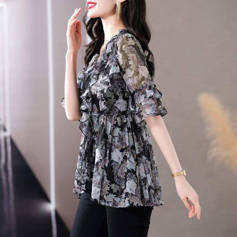 Loose French Style Black Shirt for Women, Oversized Chiffon Blouse Spring Summer Mom V-Neck Top