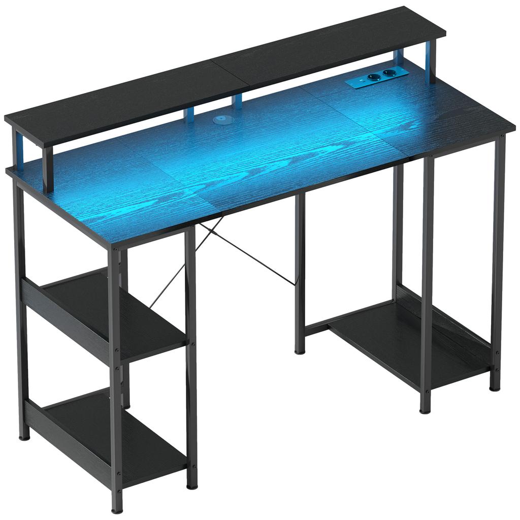 Reversible PC Desk with Power Outlets, Lights, Monitor Stand and Shelf, 120x50cm, Black