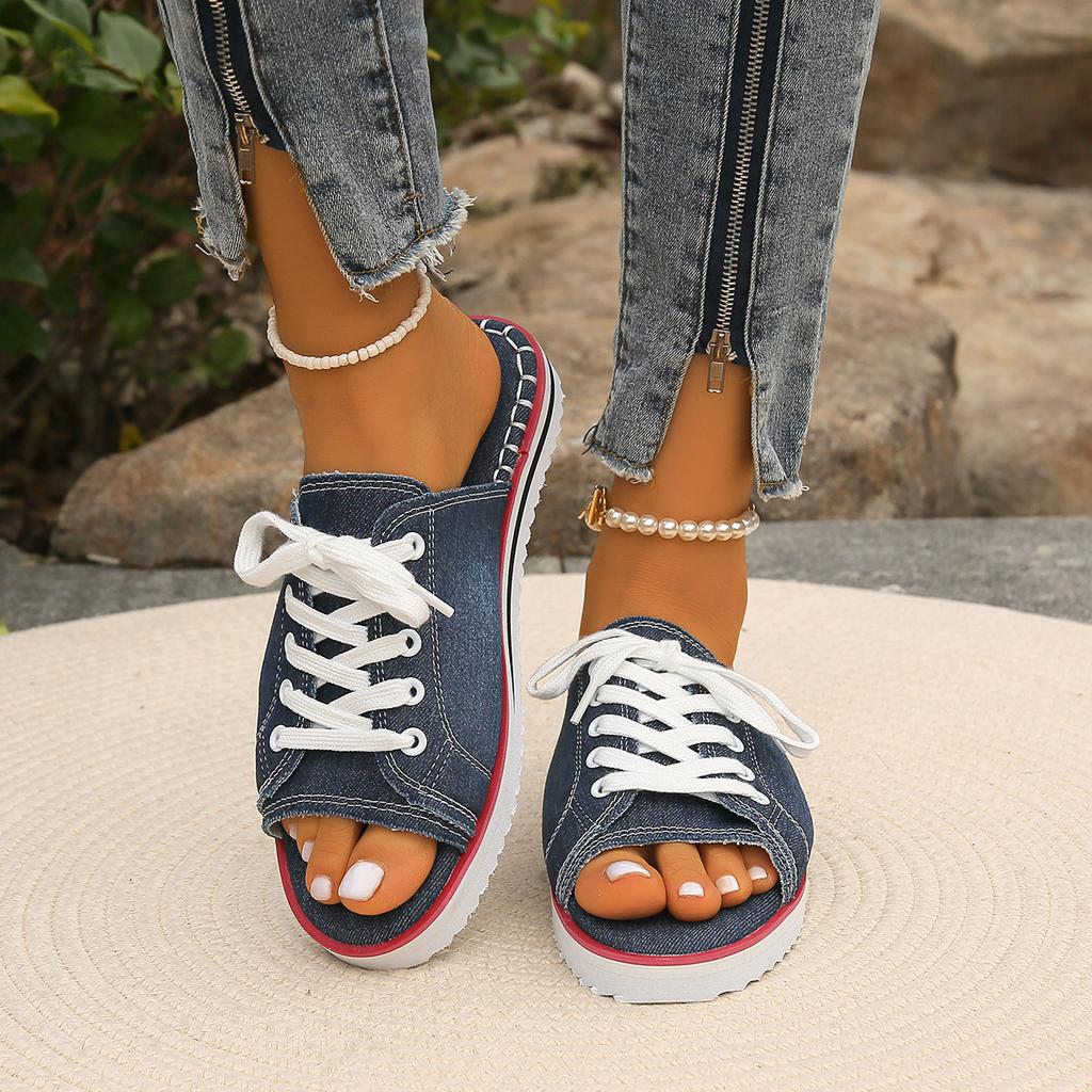 2025 Женские парусиновые плоские тапочки женские на шнуровке с открытым носком новые женские повседневные модные джинсовые пляжные туфли больших размеров