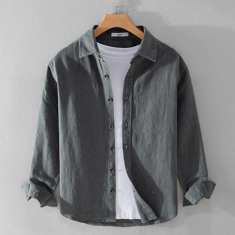 Long Sleeve Cotton Linen Man Shirts Summer Tops Classical Turn-down Collar Green Button Shirt Daily Men's Casual Shirt Beach Breathable Shirt