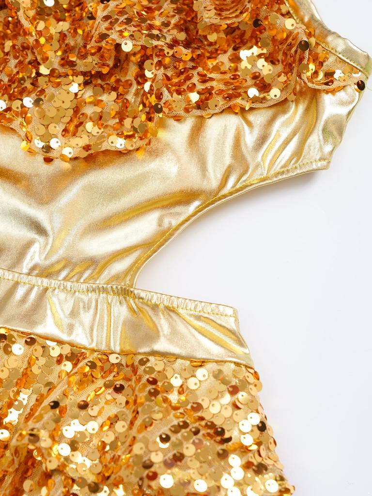 Girls Tiered Ruffle Sequins Dance Dress V Neck Sleeveless Cutout Metallic Design Stage Performance Gown