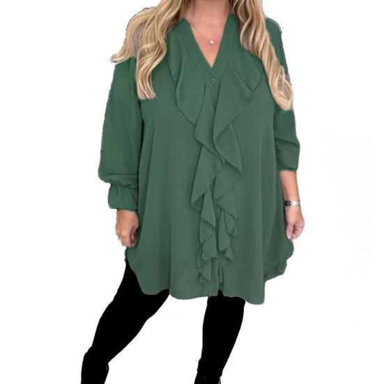 Женская рубашка с V-образным вырезом, длинным рукавом, оборками, повседневная рубашка, однотонные повседневные свободные топы, шифоновая блузка, повседневная одежда