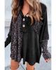 Azura Exchange Black Leopard Patchwork Waffle Knit Buttoned Blouse