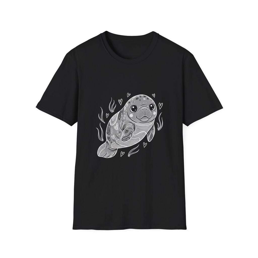 Manatee Cute Kawaii Ocean Animal Black T-Shirt Adorable Sea Creature Print Tee