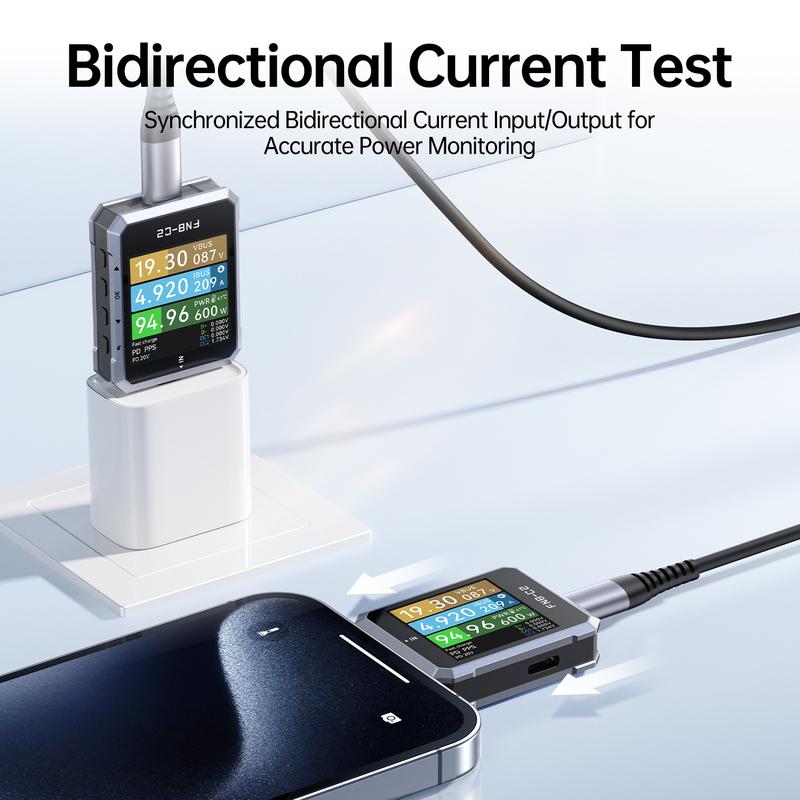 FNIRSI FNB-C2 Digital Voltmeter Ammeter, Type-C Fast Charge Trigger, 240W Max Power Meter, Capacity & Ripple Measurement Tester