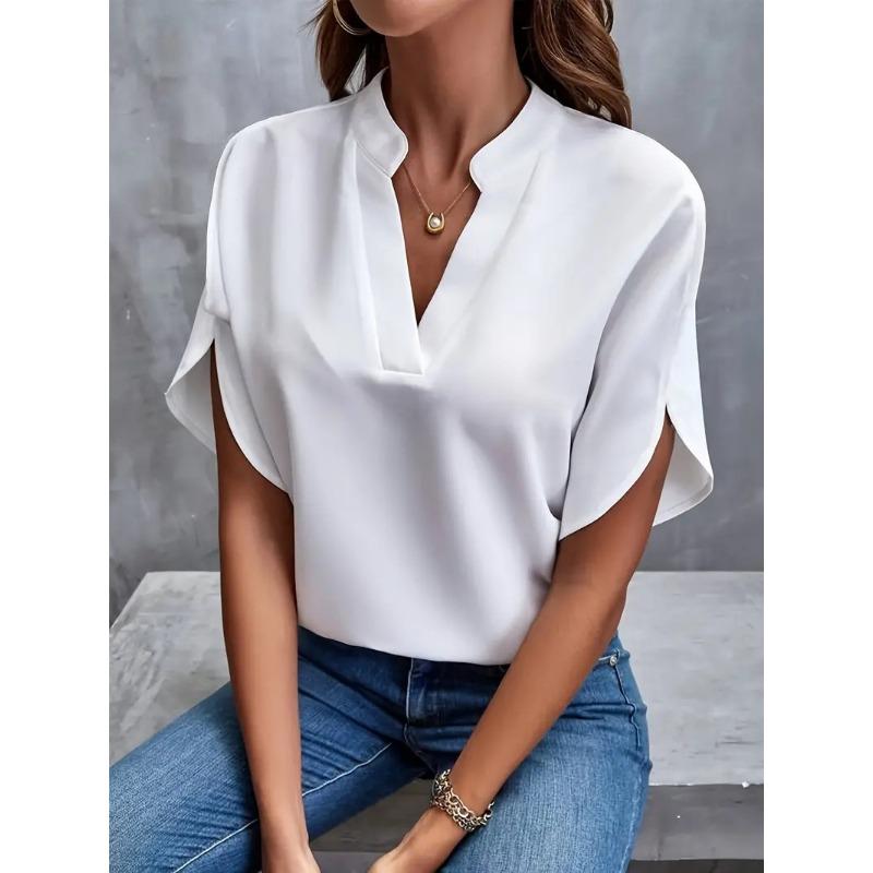 VEZFAA Women's Fashion Casual Summer Spring Solid Color Print Short Sleeve V-Neck Blouses & Shirts