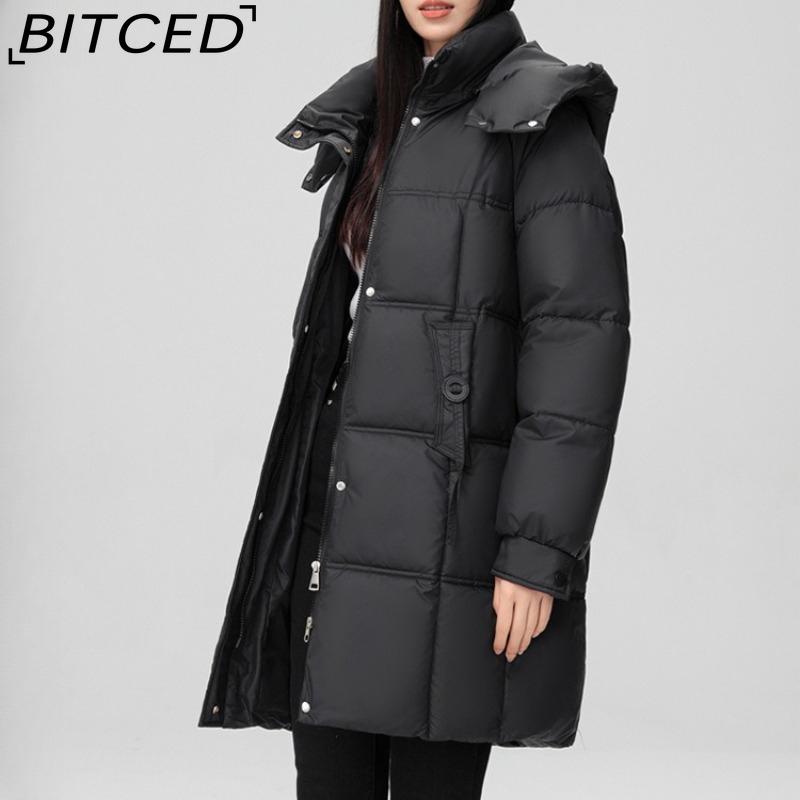 BITCED Fashionable Mid-Length Cotton Coat for Women Trendy Casual Warm-Weather Jacket with Detachable Hood