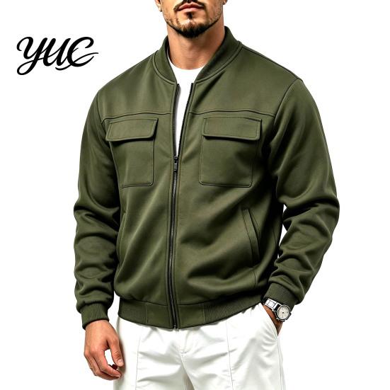 Long Sleeve Fall Clothing Men Casual Baseball Coat, Lightweight Multi-Pocket Windbreaker, Solid Color Outerwear Outdoor Windbreaker with Stand Collar,
