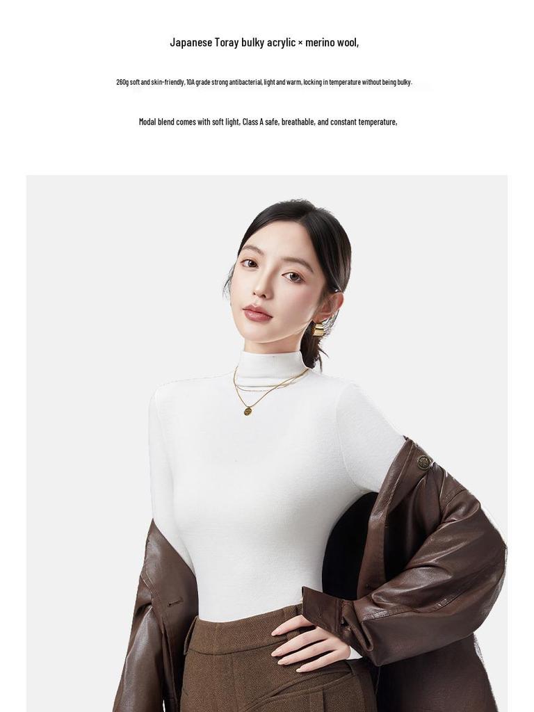 Women's Wool Semi-High Neck Long Sleeve Top - Antibacterial, Slimming, Warm, Versatile for Autumn and Winter