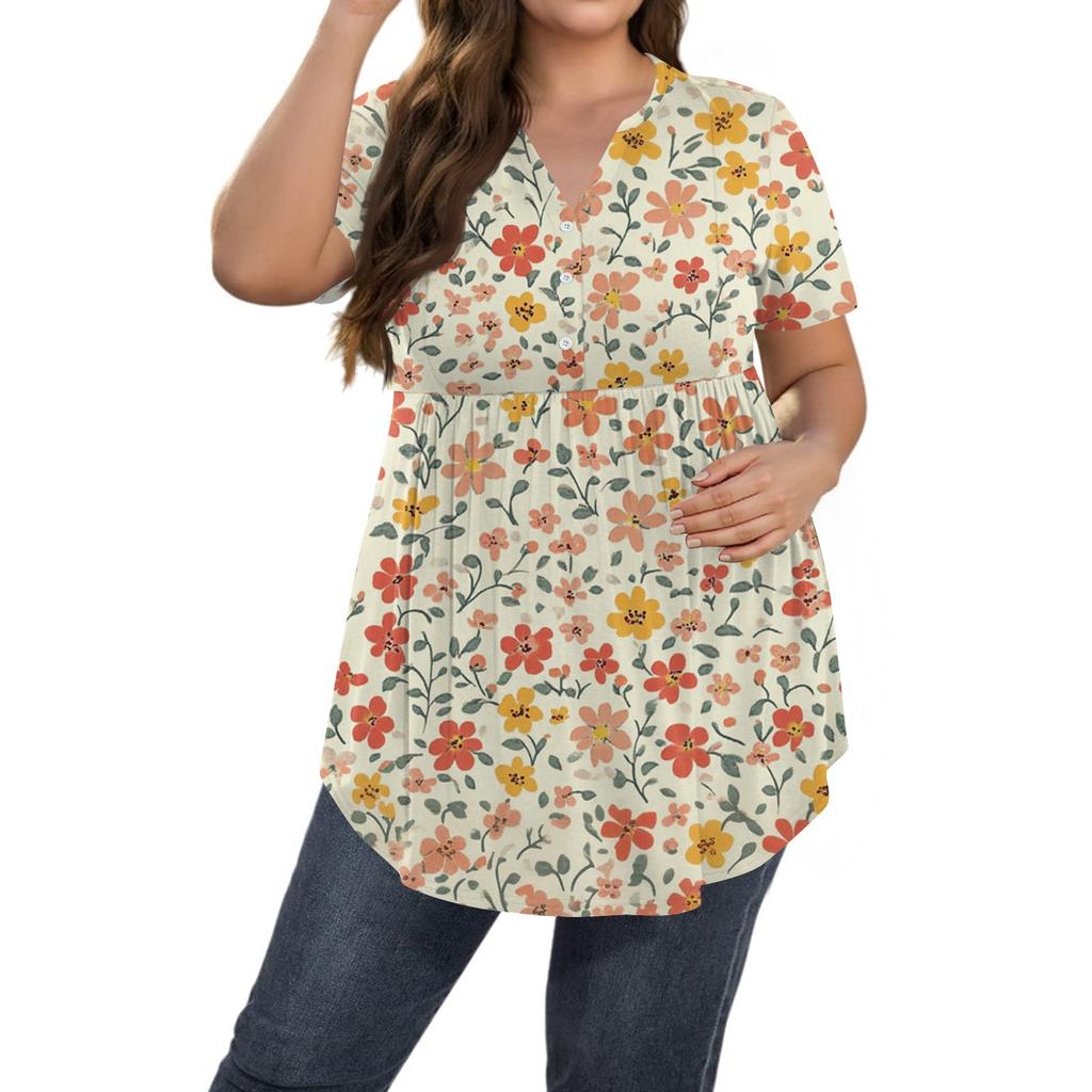 Женский принт Большой размер V-образный вырез Застегивающаяся на пуговицы блузка Повседневная с коротким рукавом Свободная блузка