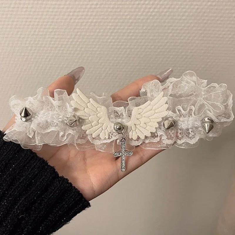 Широкое кружево, заклепки, кружевной чокер в стиле Лолита, Y2K, крылья ангела, крутое кожаное ожерелье, модное, однотонное, женское, для девочек, ожерелье для повседневной носки