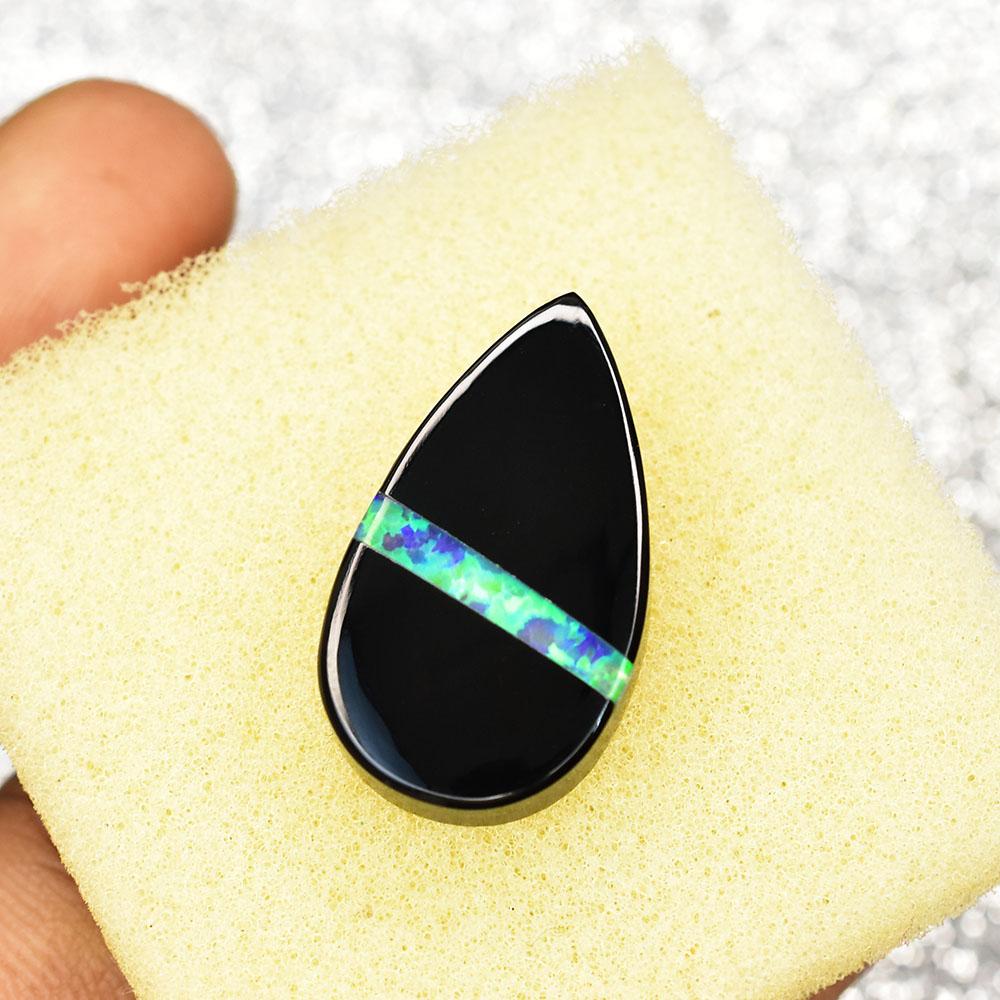 Lab-Created Black Opal Loose Gemstone Oynx 22.3 ct Pear Cut Brazilian October Birthday Birthstone