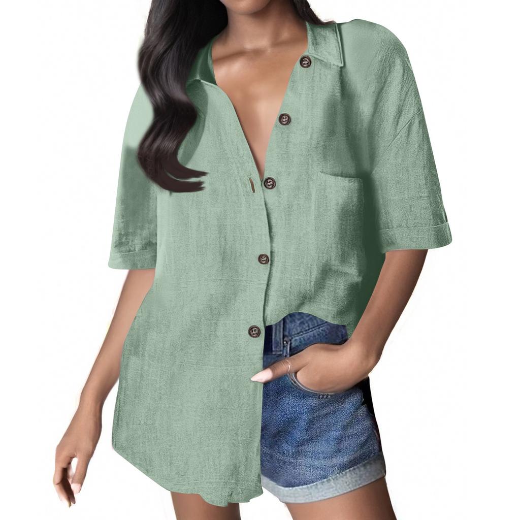Женская однотонная рубашка свободного покроя из хлопка и льна с коротким рукавом и застежкой на пуговицы, с карманом