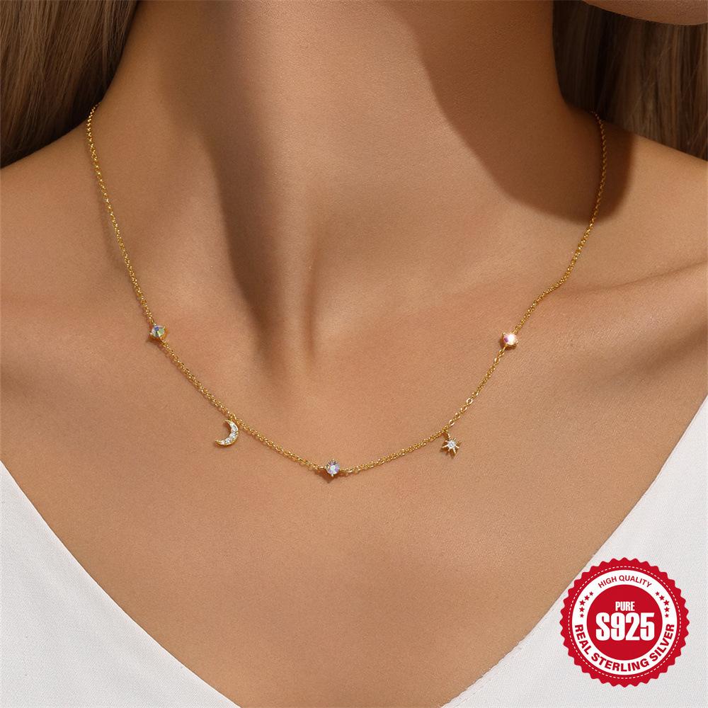 925 Sterling Silver Classic Star Moon Octagram With Colored Diamonds Stacked Women'S Necklace Collarbone Chain