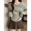 One Character Collar Contrasting Color Women's Knitted Sweater Korean Fashion Simple Lady Top Autumn Winter Long Sleeved Pullover