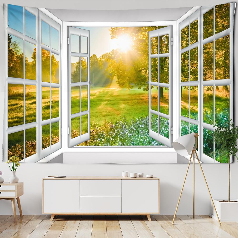 Scenery Tapestry Hanging On the Wall Outside the Window with Bohemian Style Curtains and Mandala Room Decoration Tapestry