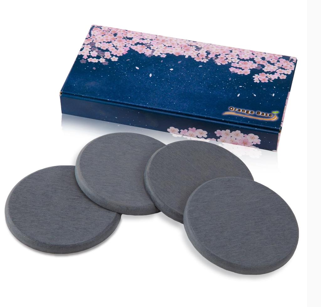 Orange Base Diatomaceous Earth Coasters, Original Box, Certified Asbestos-Free, Water-Absorbent, Moisture-Controlling, Deep Gray, Round, Set of 4,