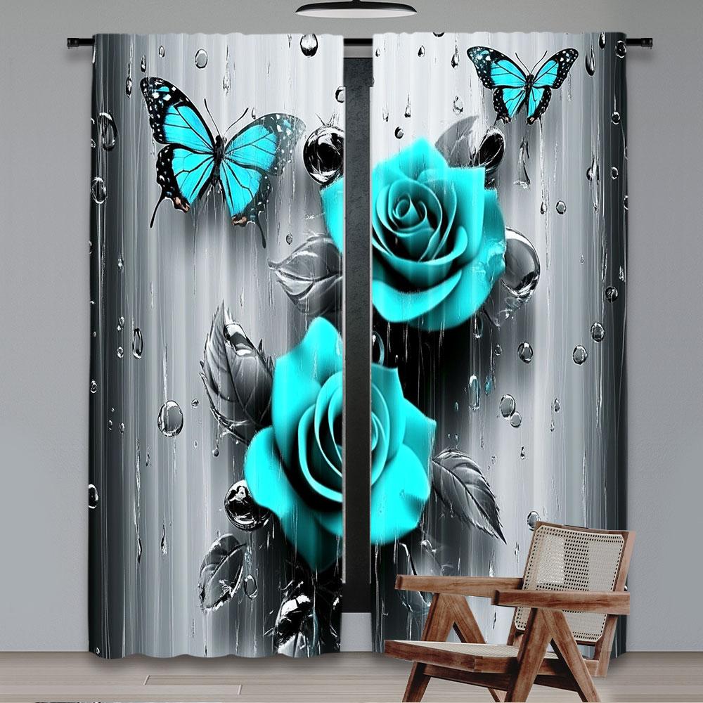 2Pcs Teal Rose Curtain Turquoise Floral Raindrops Art Window Drapes Suitable For Bedroom Bathroom Living Room