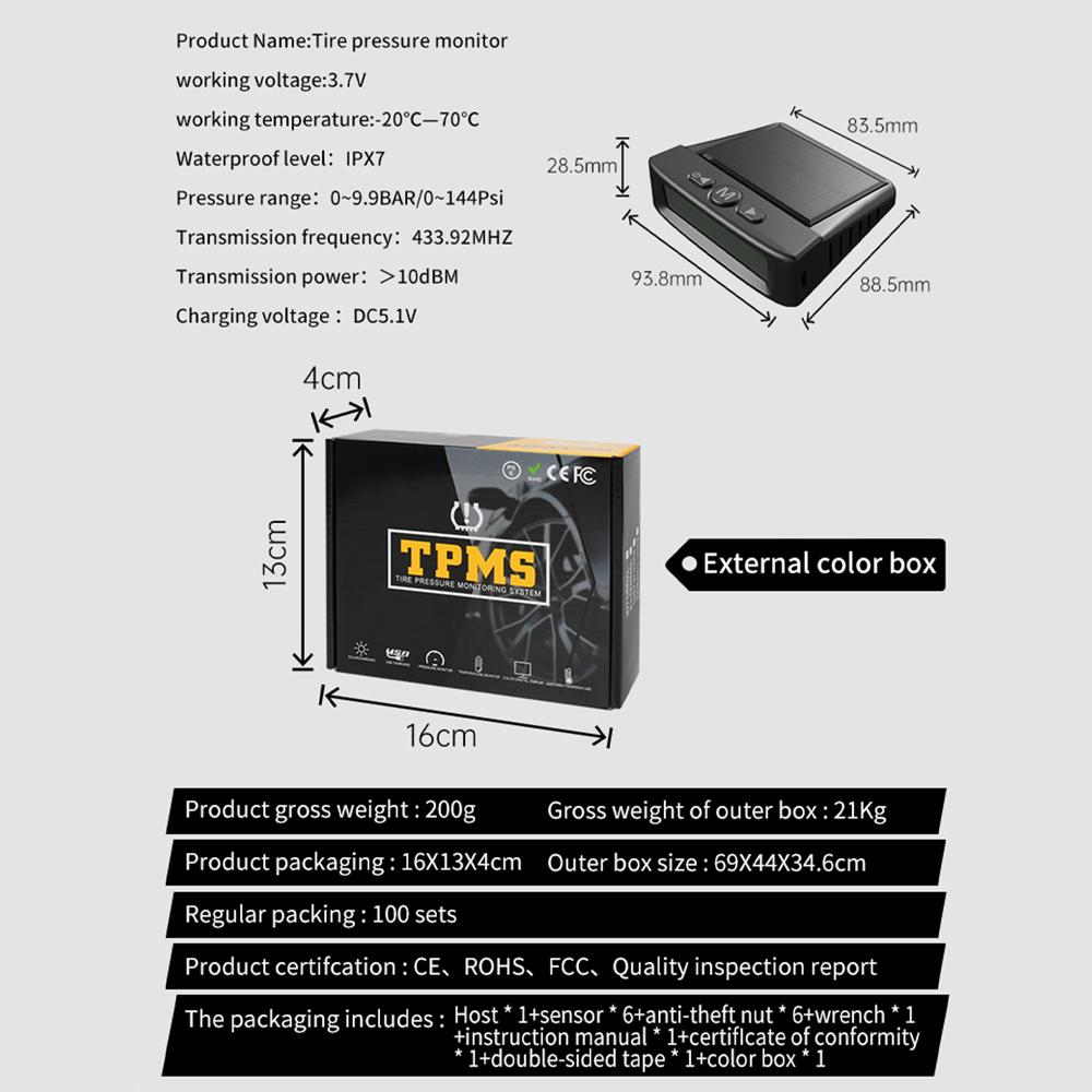 6-Wheel Solar TPMS Car Tire Pressure Alarm with 6 External Sensors Waterproof Digital Tyre Pressure Temperature Warning for Truck RV Van Tractor