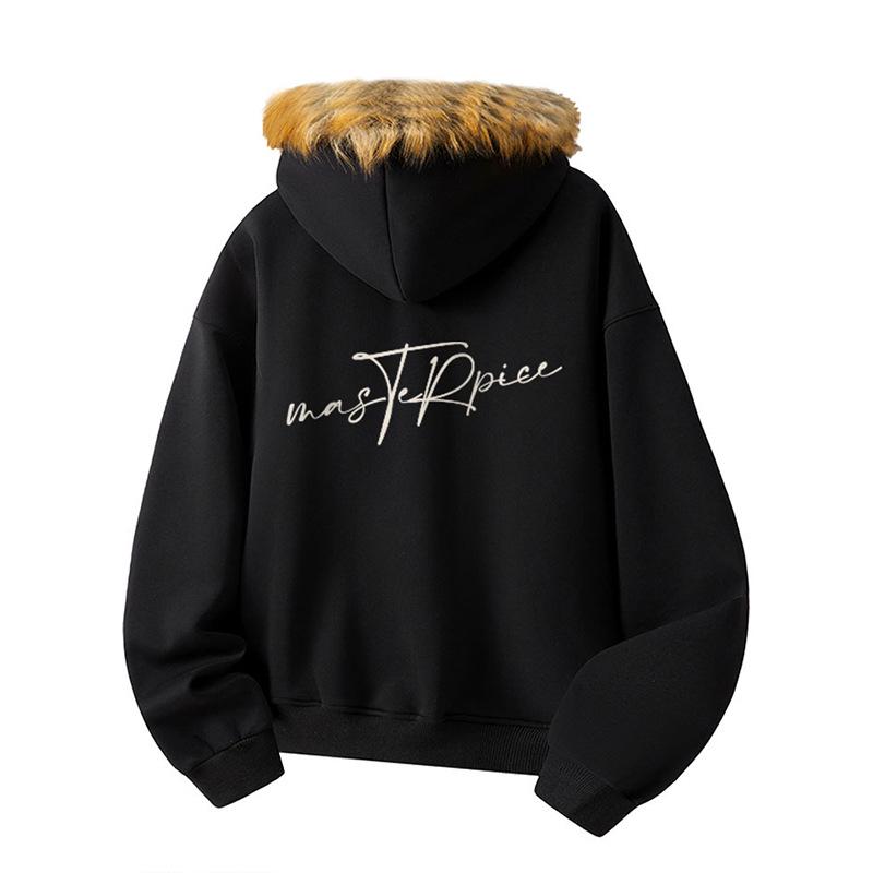 Retro Loose Fit Hoodie with Fur Collar - Unisex Fleece Outerwear for Autumn and Winter